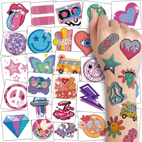 CHARLENT Groovy 70s Glitter Temporary Tattoos for Kids - 74 Designs
