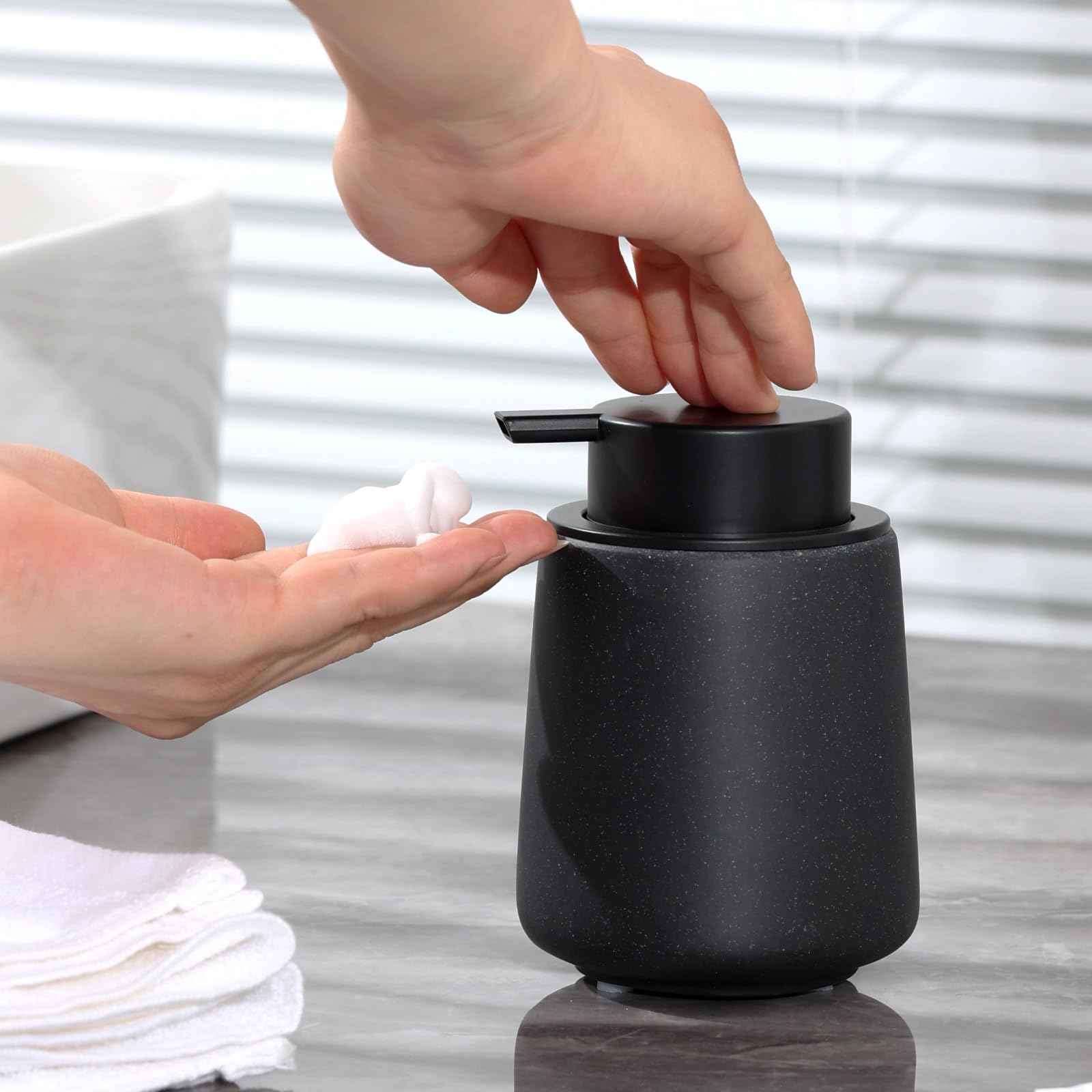 Haocoott Foaming Soap Dispenser Pump 12OZ, Refillable Foam Hand Dish Soap Dispenser Bottle Jar for Bathroom Kitchen Sink Countertop Home Decor - Black