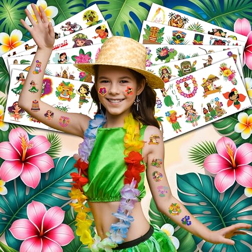 103 PCS Hula Hawaiian Temporary Tattoos Stickers Summer Beach Aloha Tiki Hawaii Luau Tropical Hula Dance Party Decorations Theme Birthday Supplies Favors Tattoo Gifts Kids Girls Boys School Rewards