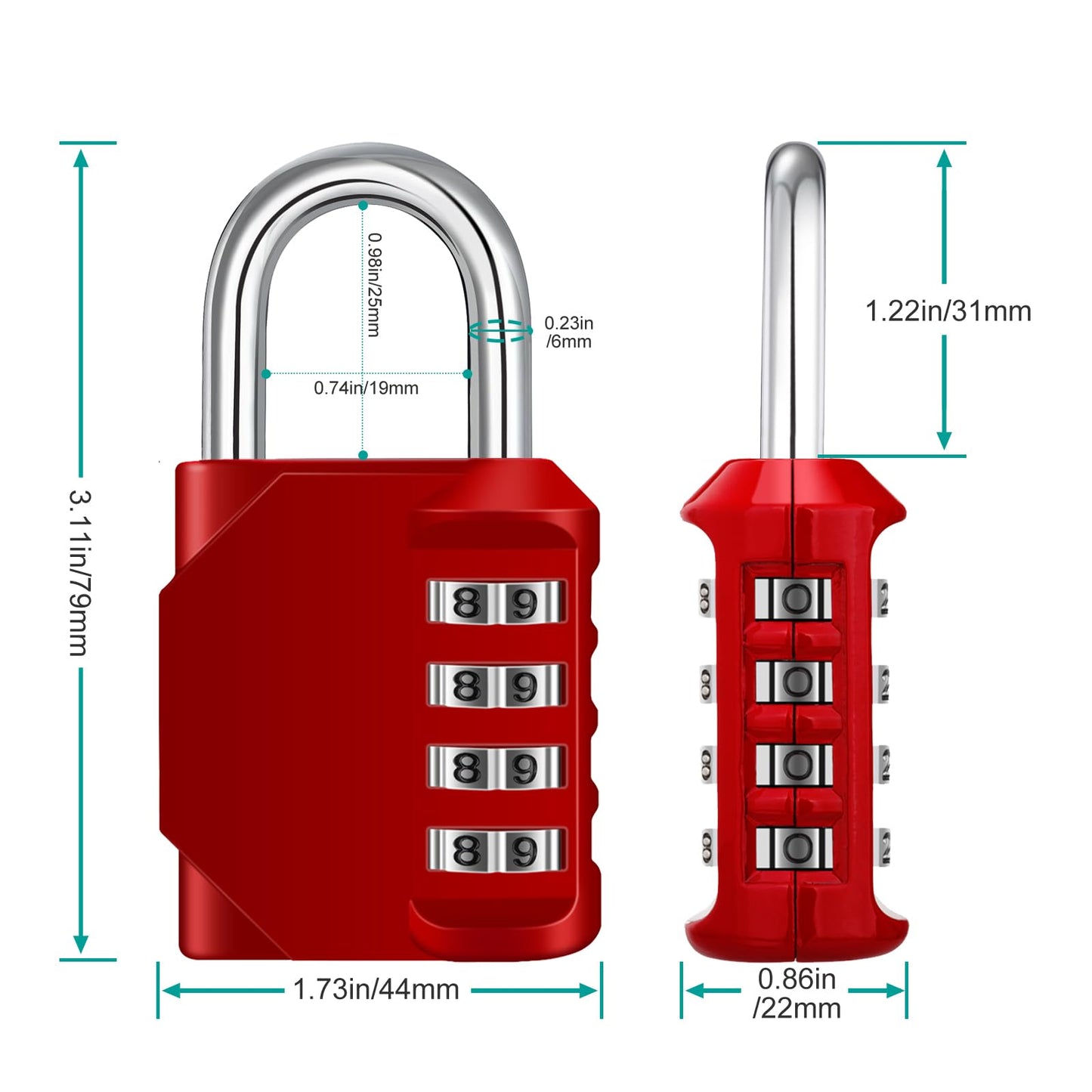 ZHEGE Combination Padlock 2 Pack, 4 Digit Lock for School Gym Locker, Outdoor Waterproof Combo Lock (Silver & Red)