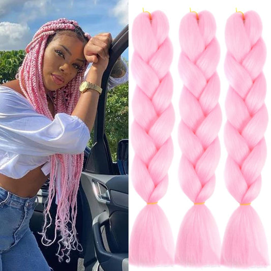 Jumbo Braiding Hair For Women and Girls 24 Inch Soft Braid Hair Extensions 3Packs Braiding Hair High Temperature Synthetic Fiber (pink)