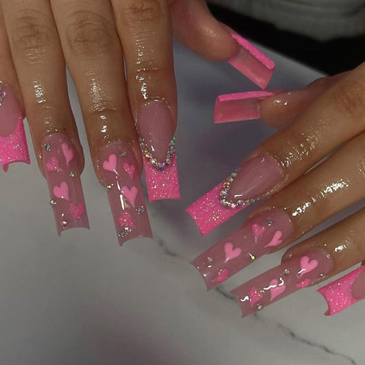 Pink Nails French Tip Press on Nails Long Coffin Fake Nails with Valentines Designs Heart Rhinestones Glitter Full Cover Acrylic Pink False Nails Square Medium Glue on Nails for Women and Girls 24Pcs