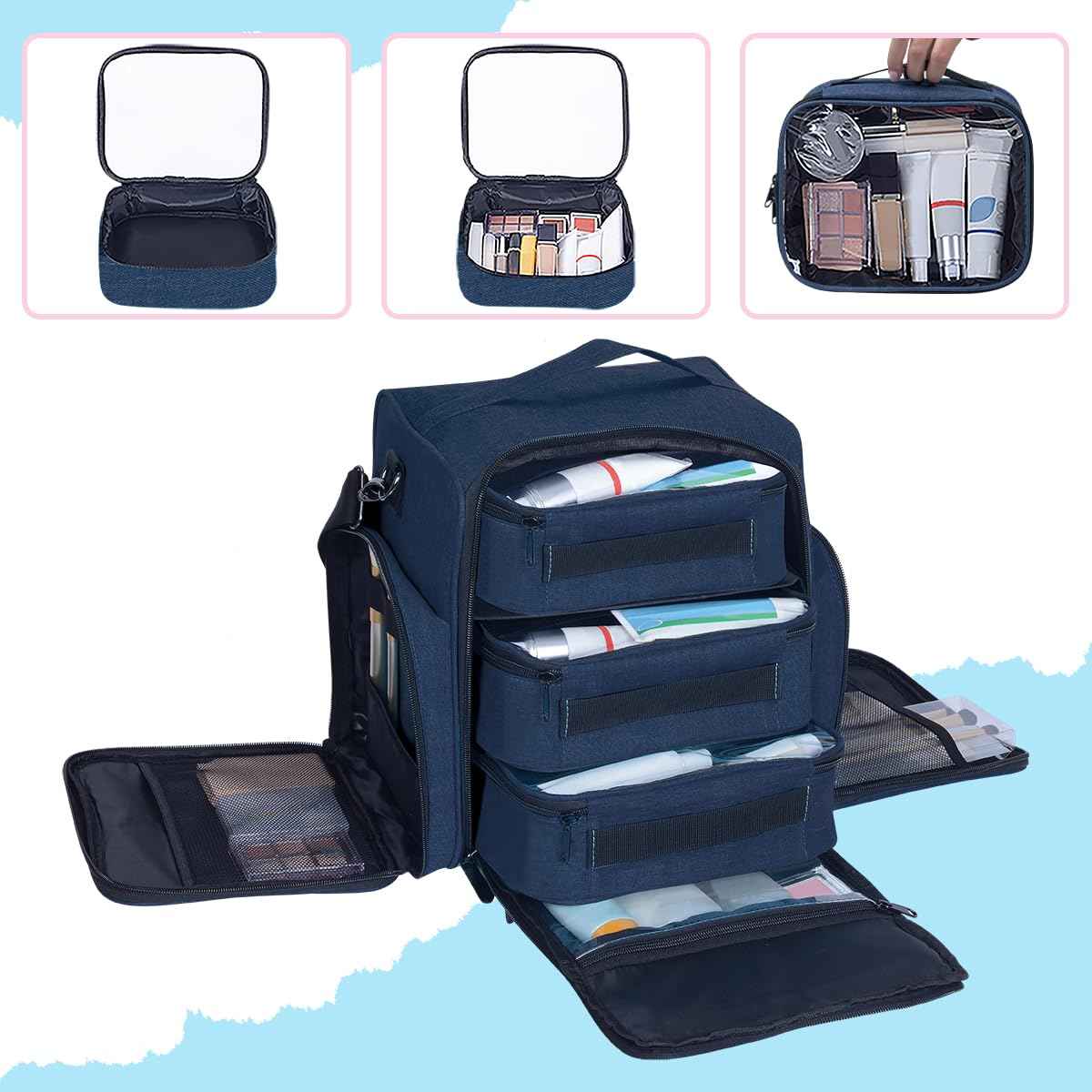 BAOMANYUHA Large Makeup Bag Cosmetic Case Organizer with 3 Inner Removable Pouches Multifunctional Travel Train Storage,Blue