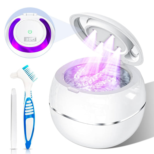 Ultrasonic Retainer Cleaner Machine for Denture: 43kHz Ultra Sonic Cleaner Pod for Mouth Guard Aligners - Portable Dental Cleaning Braces Night Guard (White)