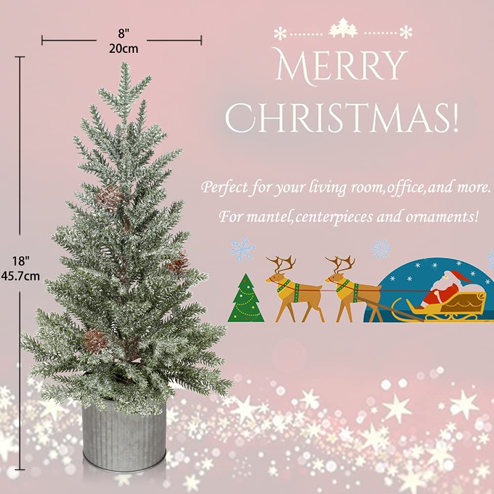 Mini Christmas Tree Snow Frosted Artificial Xmas Cone Tree with Pine Cones in Galvanized Tin, 18 Inches