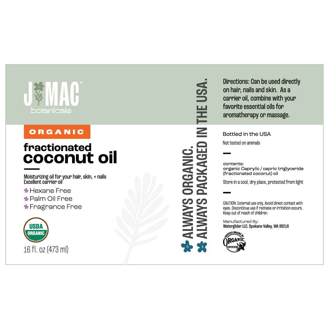 J MAC BOTANICALS Organic Fractionated Coconut Oil (16 Ounce Glass Bottle) Organic Carrier Oil and for DIluting Essential Oils, Moisturizer, Hair Care