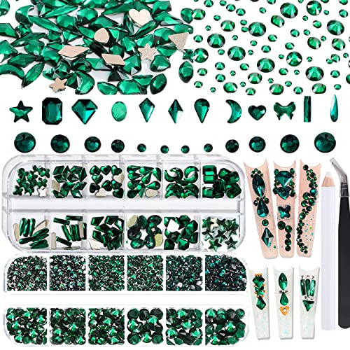 BELICEY Nail Art Rhinestones Green Flatback Round Rhinestones Charms Nail Gem Stones with K9 Bling Glass Crystals Diamonds Jewelry for Nail Design DIY Crafts Face Decoration