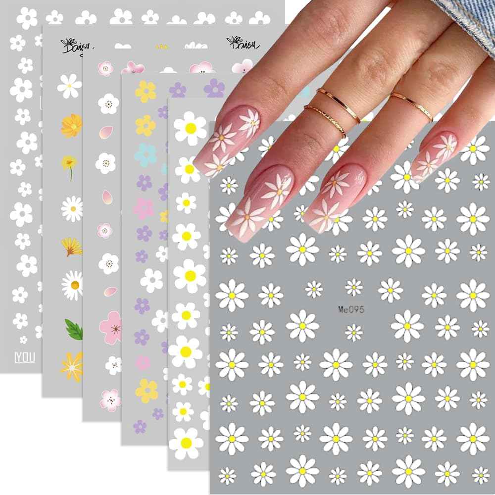 Flower Nail Art Stickers, Floral Daisy Nail Decals 3D Self-Adhesive Pink White Cute Daisy Small Flower Spring Summer Nail Design Manicure Tips Nail Decor Accessories for Women Girls(6Sheets)