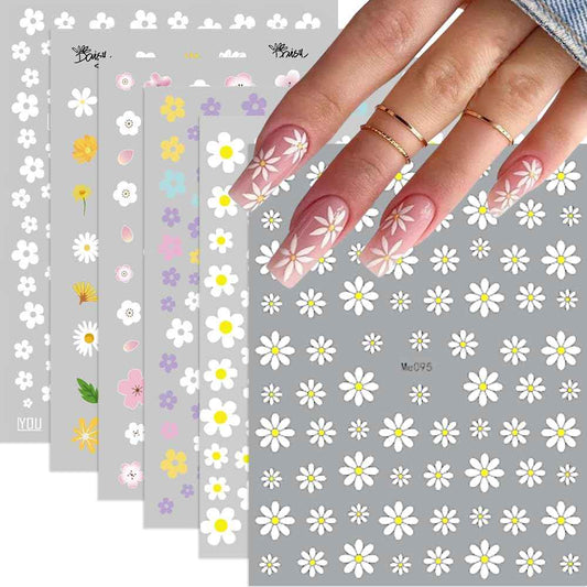 Flower Nail Art Stickers, Floral Daisy Nail Decals 3D Self-Adhesive Pink White Cute Daisy Small Flower Spring Summer Nail Design Manicure Tips Nail Decor Accessories for Women Girls(6Sheets)