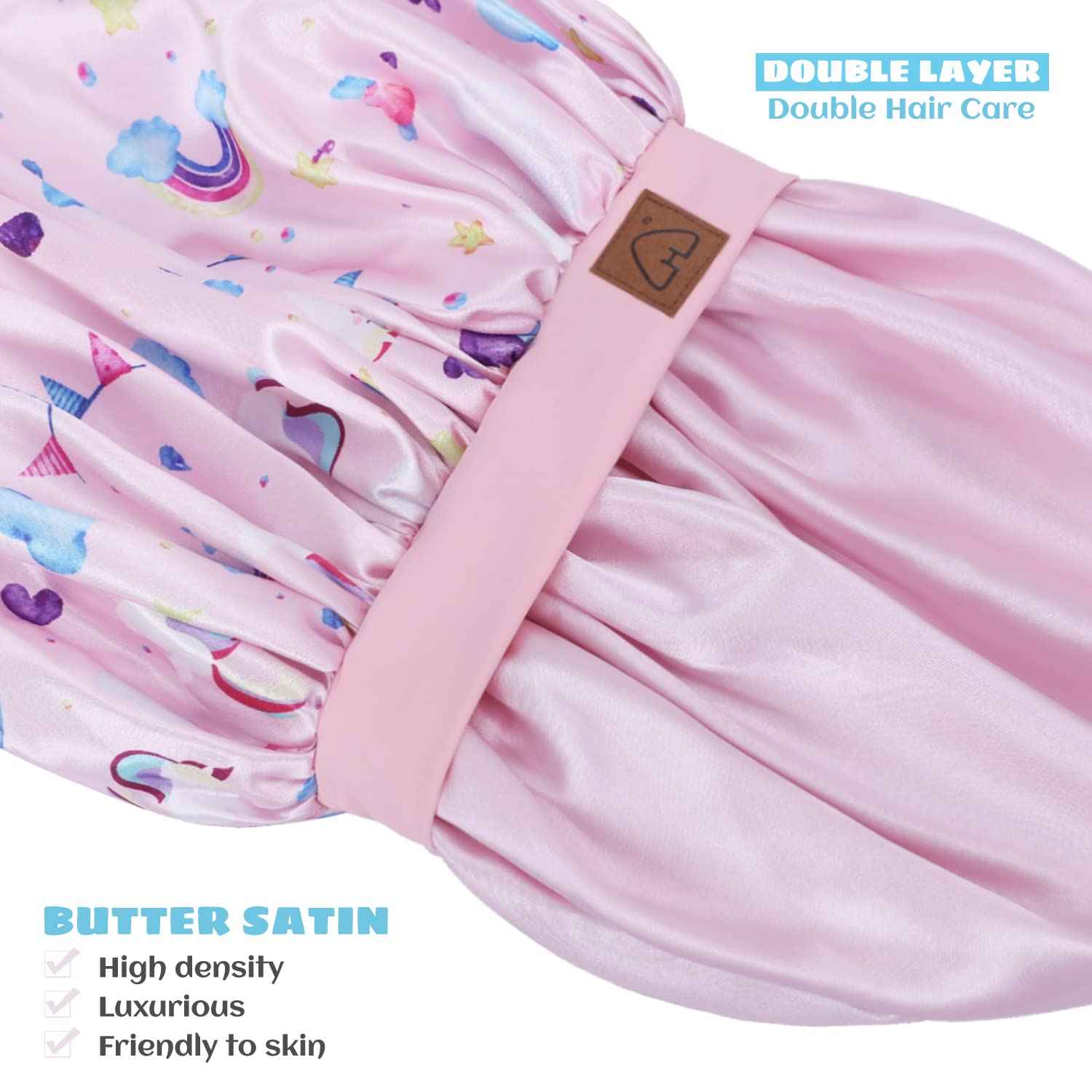 Hat Hut Kids Satin Bonnet Sleep Cap for Curly Hair Adjustable Silk Hair Cap for Baby Sleeping Hair Bonnet for Toddler Child (Unicorn 2)