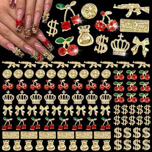 106 Pcs Gold Nail Charms with Dollars Sign, Coins, Cherries, Crowns, Guns and Bows for Nail Art Decoration Jewelry
