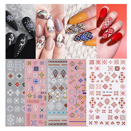 Nail Art Stickers 3D Retro Style Nail Decals Self Adhesive Nail Supplies Flower Totem Nail Stickers for Women Manicure Decoration DIY Nail Art Design