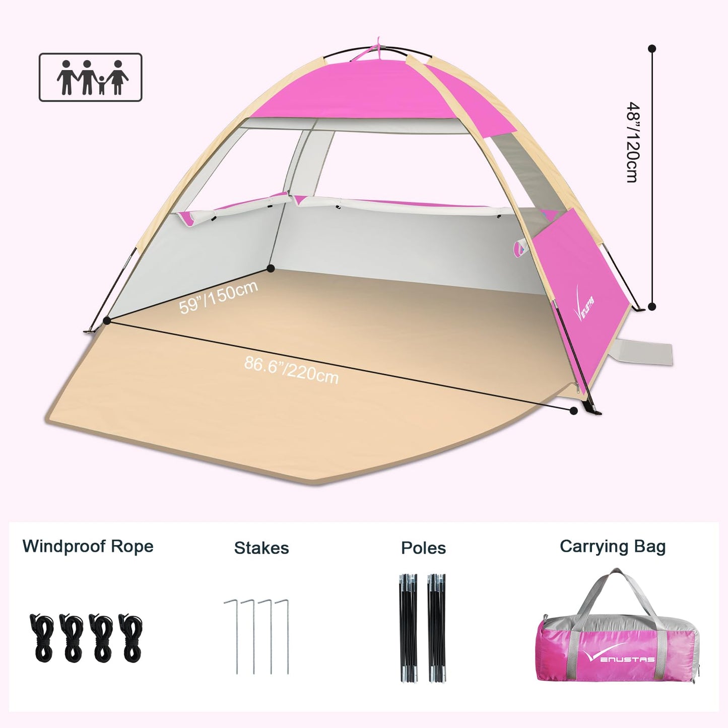 Venustas Beach Tent Sun Shelter for 3/4-5/6-7/8-10 Person, UPF 50+ UV Protection Beach Canopy, Lightweight and Easy Setup Cabana, Portable Beach Shade Tent