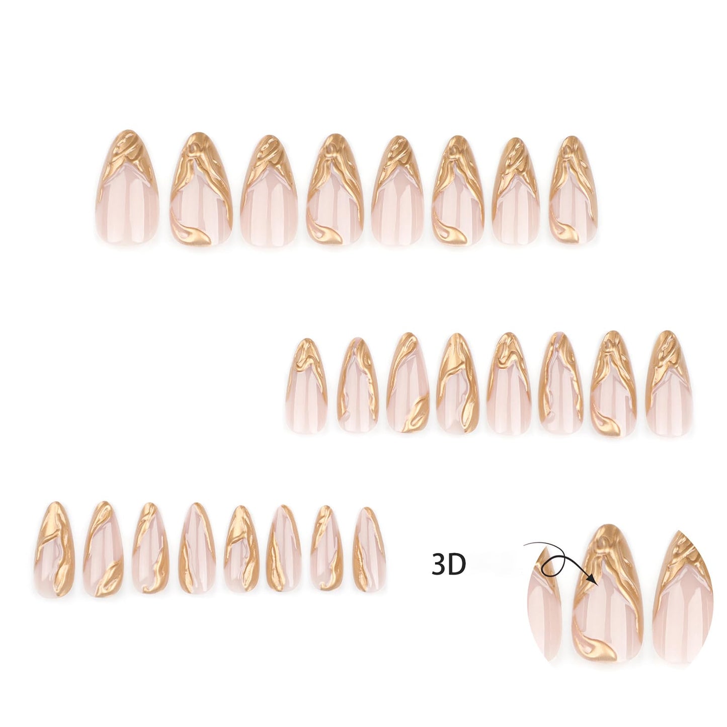 24Pcs Gold Press on Nails French Fake Nails Medium Almond False Nails with Wave Design Shiny Acrylic Nails Stick on Nails for Women Girls Reusable Artificial Nails Full Cover Glossy False Nails