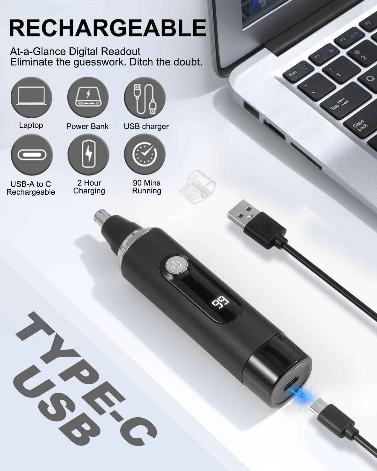 RAXMETRY Nose Hair Trimmer for Men and Women,2025 Professional Painless IPX7 Waterproof Eyebrow & Facial Hair Trimmer,USB Rechargeable with LED Display Dual-Edge Blades for Smoother Cutting,Silver