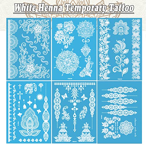 White Henna Temporary Tattoos - 6 Sheets Lace Mandala Flower Body Art