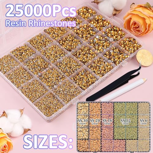 Mine Gold Resin Rhinestones 25000pcs 2-6mm with 1 Glue for DIY Crafts, Shoes & Nails (Mineral Gold, Large Pack + 1 Glue)