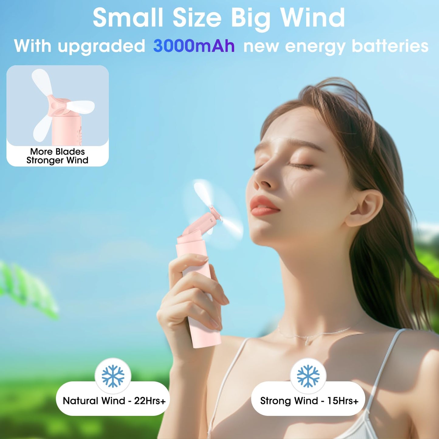 OLV Handheld Mini Fan Portable Rechargeable 3000mAh USB Battery Powered 22+Hrs Runtime Small Hand Held Fan Foldable Pocket Personal Fan Gifts for Women Girls Men Office,Travel,Outdoor - Pink