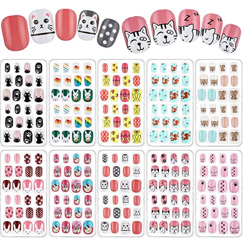 240 Pieces Children False Nails Kids Girls Press on Short Artificial Fake Nails Cute Pre Glue Full Cover Acrylic Nail Tip Kit for Children Little Girls Nail Decoration, 10 Boxes (Colorful Animals)