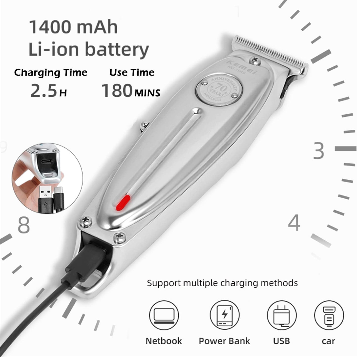 Kemei 1949 Trimmer Professional Hair Clippers for Men Zero Gap Electric Cordless Beard/Hair Trimmer Rechargeable T-Blade Haircut Machine for Stylists and Barbers Grooming Kit, Silver