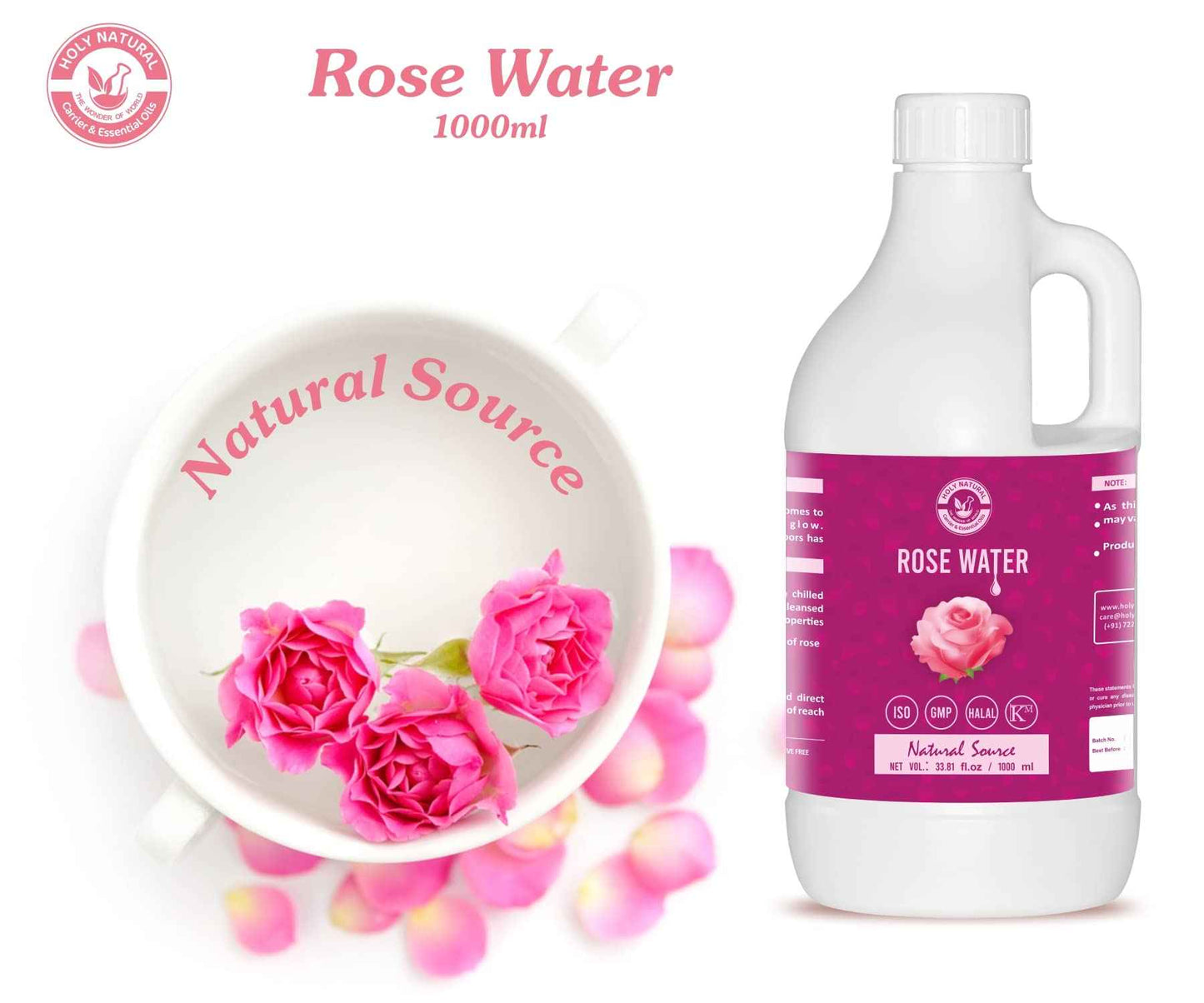 Holy Natural Rose Water (1000ml) for Face & Hair Toner Alcohol & Preservative Free