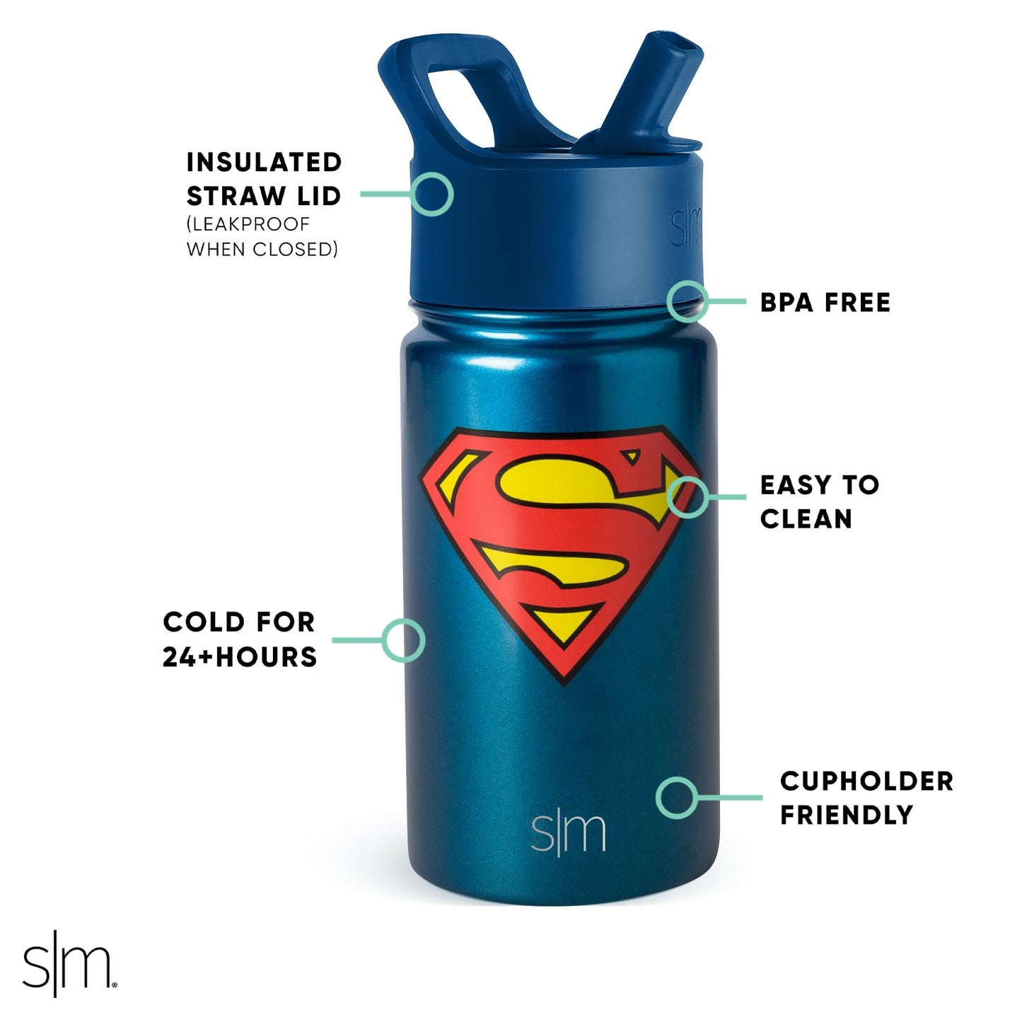 Simple Modern DC Comics Superman Kids Water Bottle with Straw Lid | Reusable Insulated Stainless Steel Cup for Boys, School | Summit Collection | 14oz, Superman