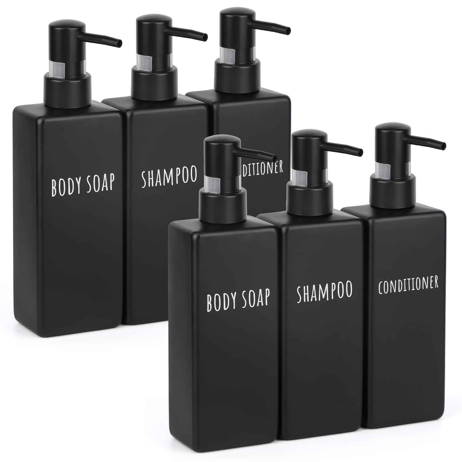Segbeauty 6 Pack Matte Black Soap Dispenser, Plastic Square Shower Soap Dispenser, 16.9 oz Refillable Shampoo and Conditioner Bottles, 500 ml Empty Bathroom Countertop Soap Dispensers for Modern Hotel