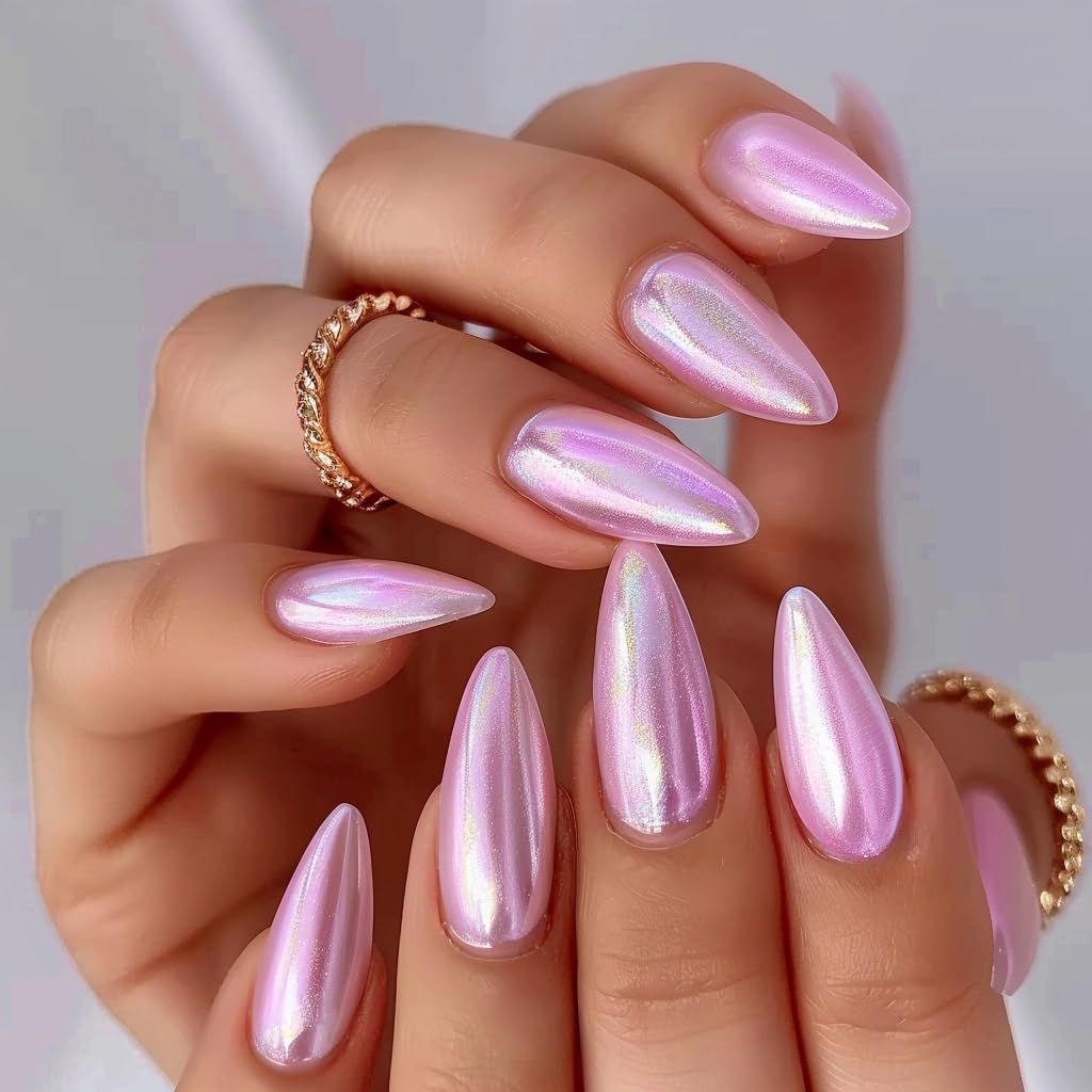 Press On Nails Short Solid Color Luxury False Nails Almond Shape Chrome Press On Natural Acrylic Nail Purple Pink Fake Nails With Glue For Women Girls Gift