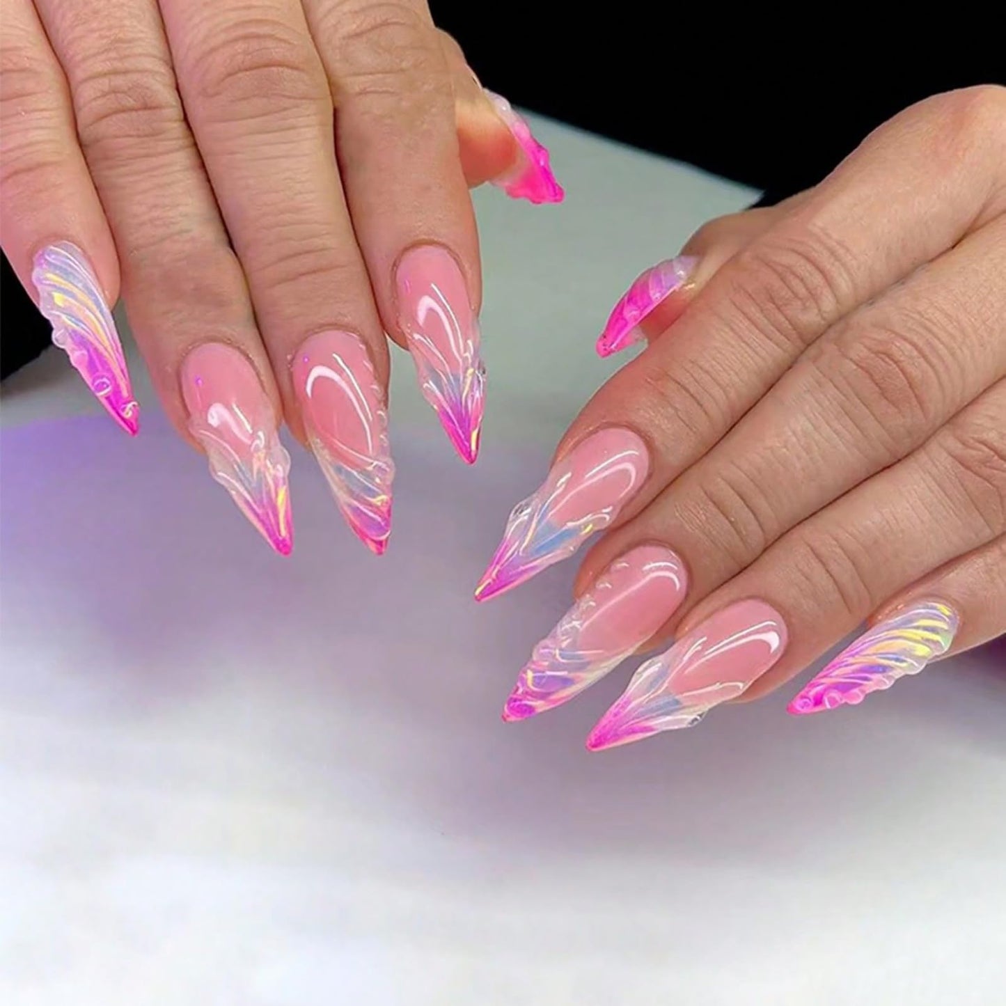 Press on Nails Long Stiletto Hot Pink Obrem Fake Nails Three-Dimensional Water Droplet False Nails with Designs Full Cover Summer Acrylic Nails Glossy Glue on Nails Artificial Nails for Women Girls