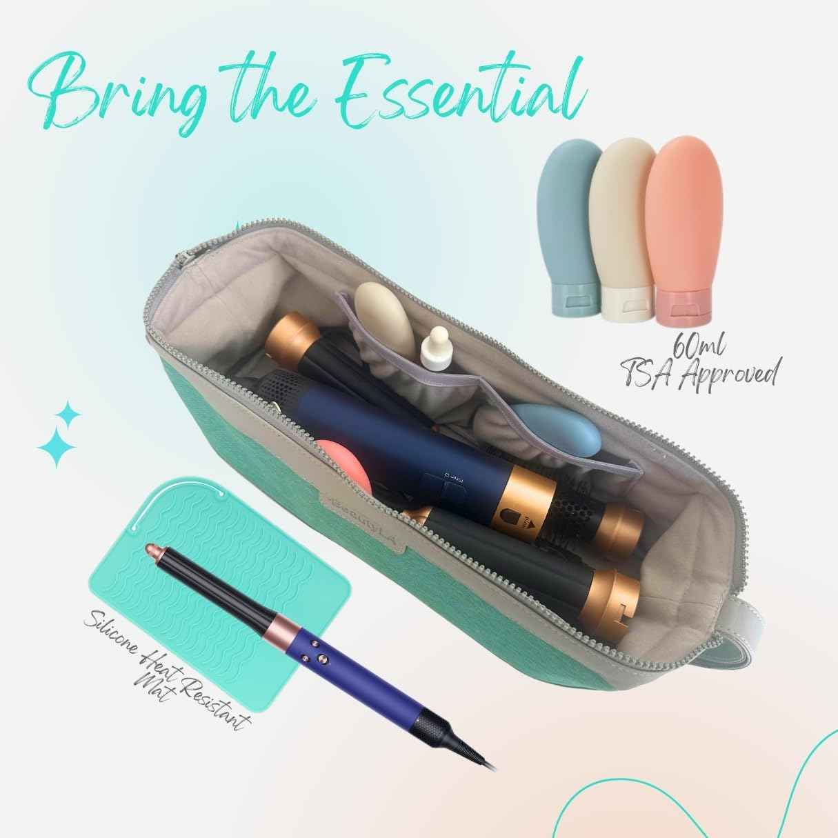 ‍Hair Tool Travel Bag with Heat Resistant Mat – Travel Case for Curling Iron, Straightener, Dy son Air wrap, Shark FlexStyle – Waterproof Organizer with Silicone Bottles