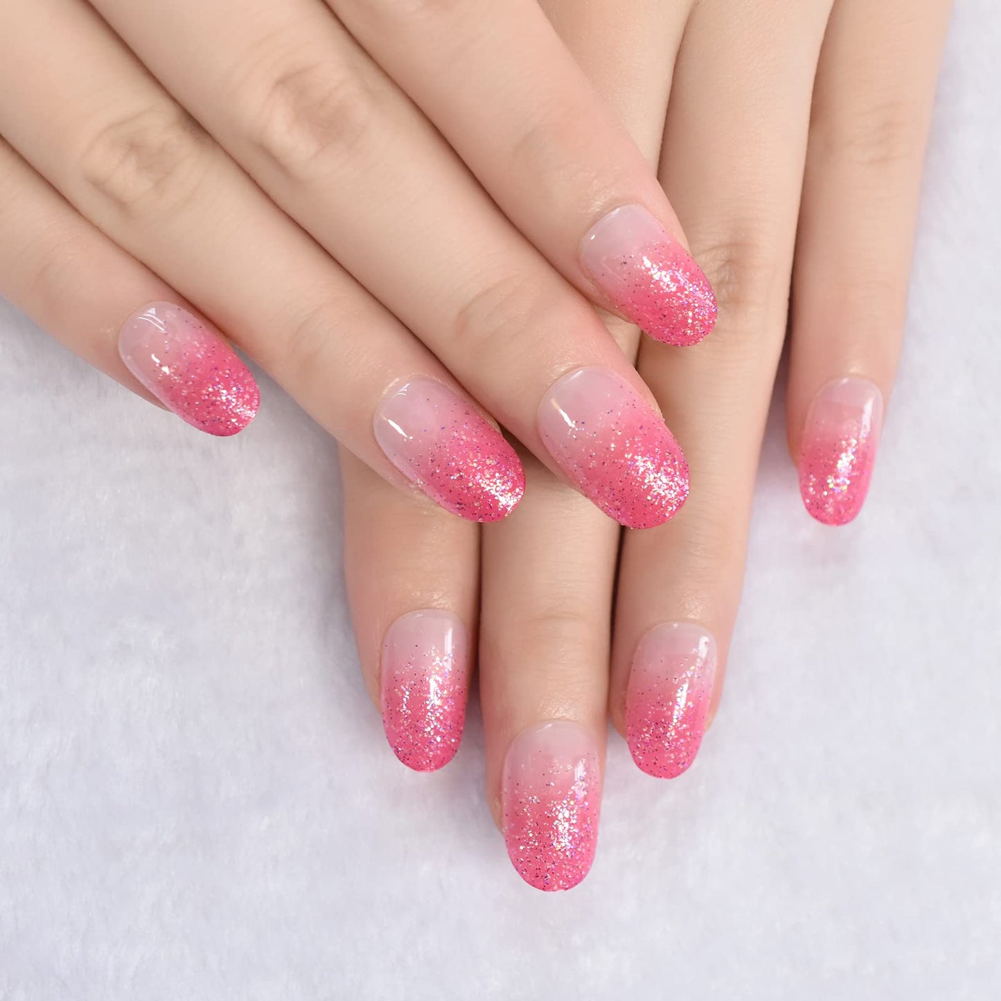 Pink Glitter Press On Nails Almond Gradient Fake Nails Fingernail Salon Manicure False Nails for Dating Wedding Gift for Women Girls 24pcs