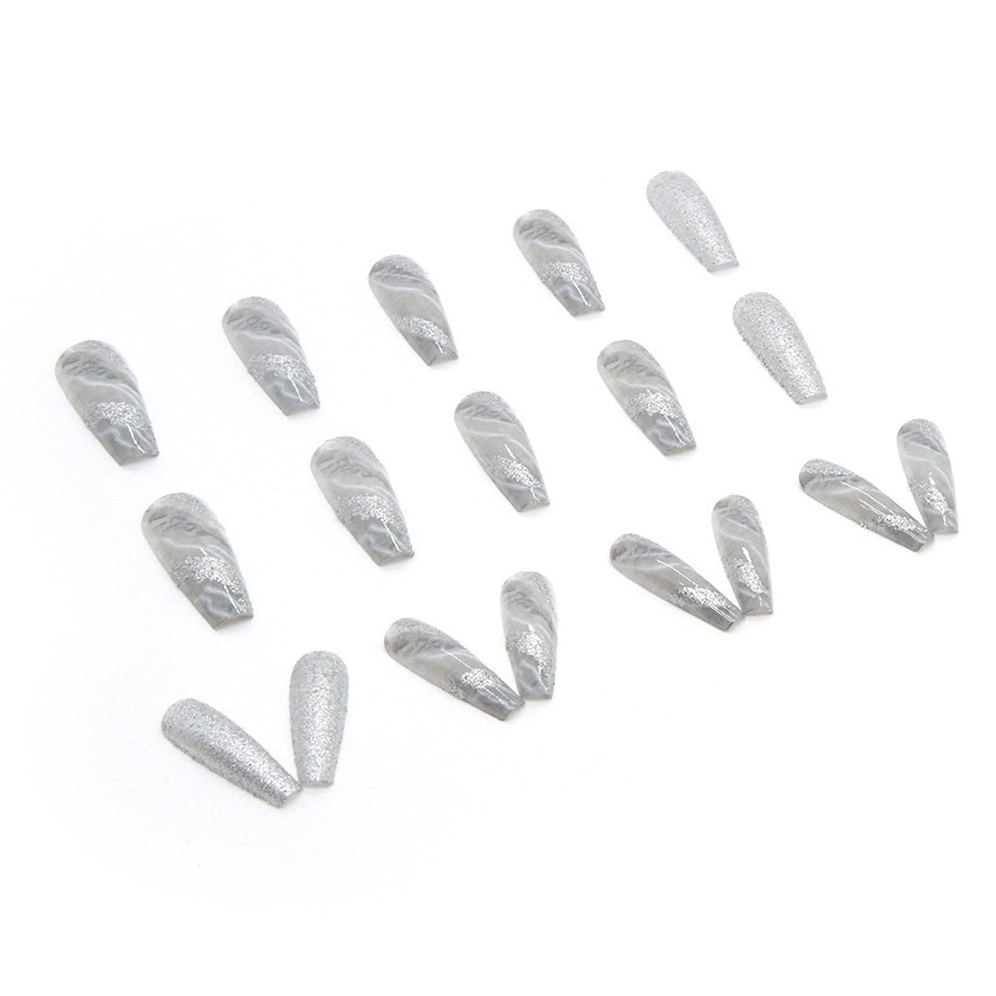 Press on Nails Long Square Shape Silver Marble Fake Nails, Shinning Full Cover False Nails Design with Glitters, Luxurious Coffin Marble Stick on Nails Art Decoration for Women and Girls