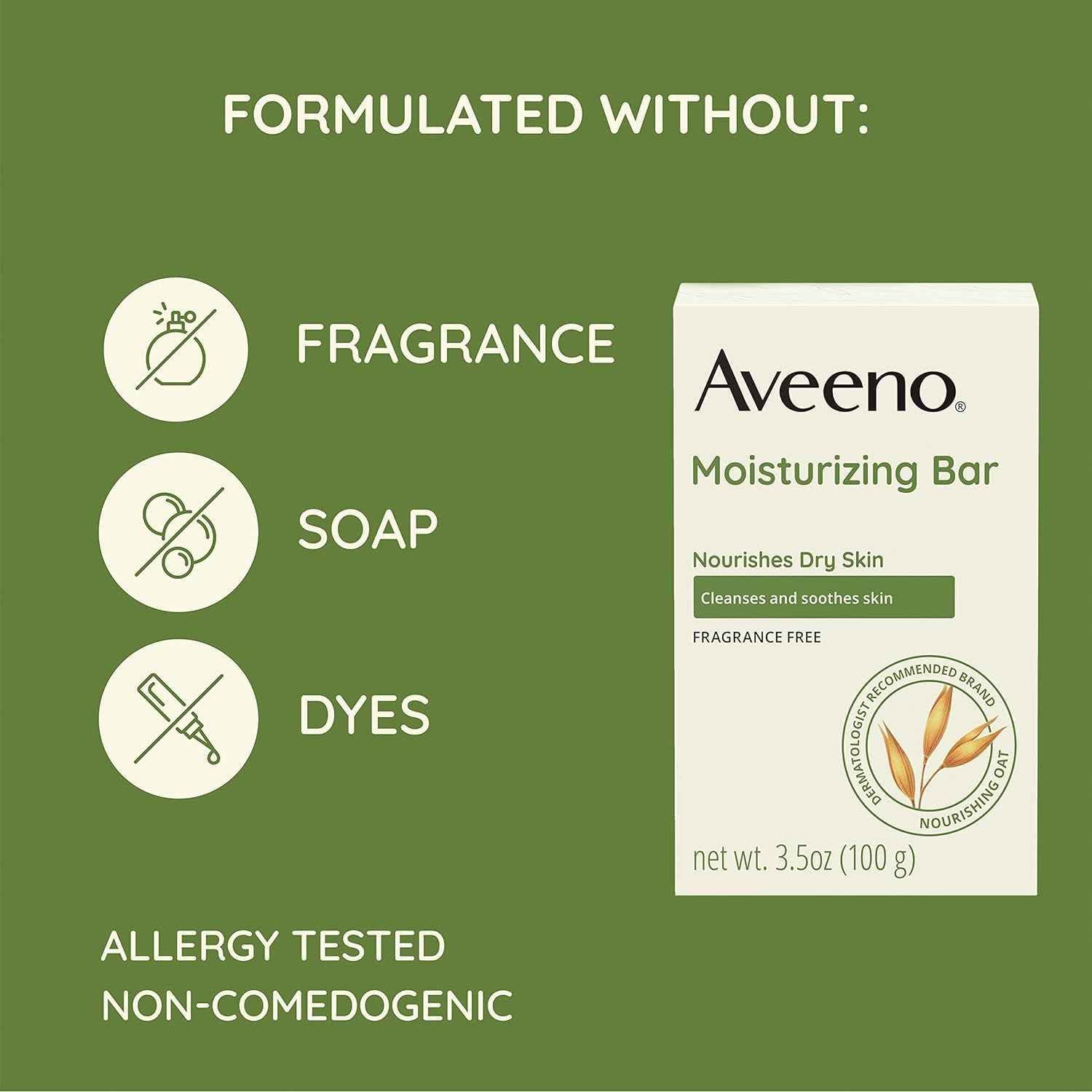 Aveeno Moisturizing Bar with Natural Colloidal Oatmeal for Dry Skin, Fragrance Free, 3 Oz (Pack of 5)