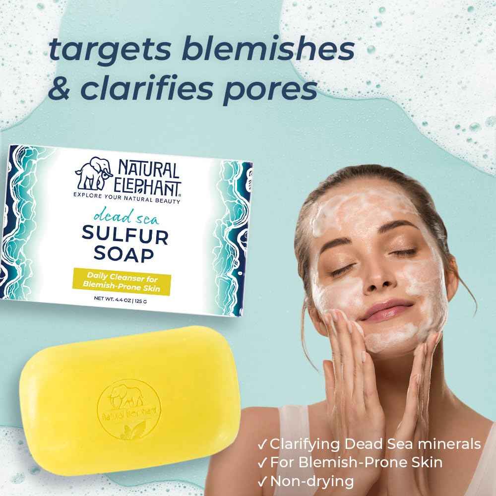 Natural Elephant Dead Sea Sulfur Soap 4.4 oz with Dead Sea Salt, Aloe Vera, Sulphur Face and Body Cleanser Bar for All Skin Types (3 Pack (13.2 oz Total))