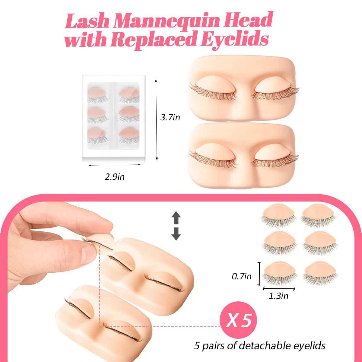 QUKLOGEN Lash Extension Kit for Beginners Lash Mannequin Head with Replaced Eyelids False Eyelashes Practice Eyelash Strips Facial Mister Tweezers Glue USB Fan Professional Set