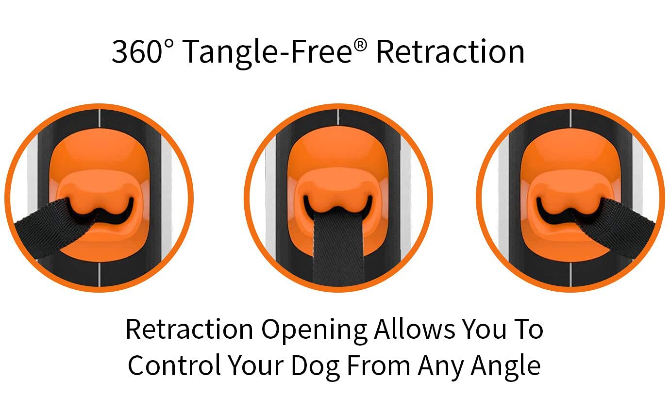 TUG 360° Tangle-Free Retractable Dog Leash with Anti-Slip Handle | 16 ft Strong Nylon Tape | One-Handed Brake, Pause, Lock (Small, White/Orange)