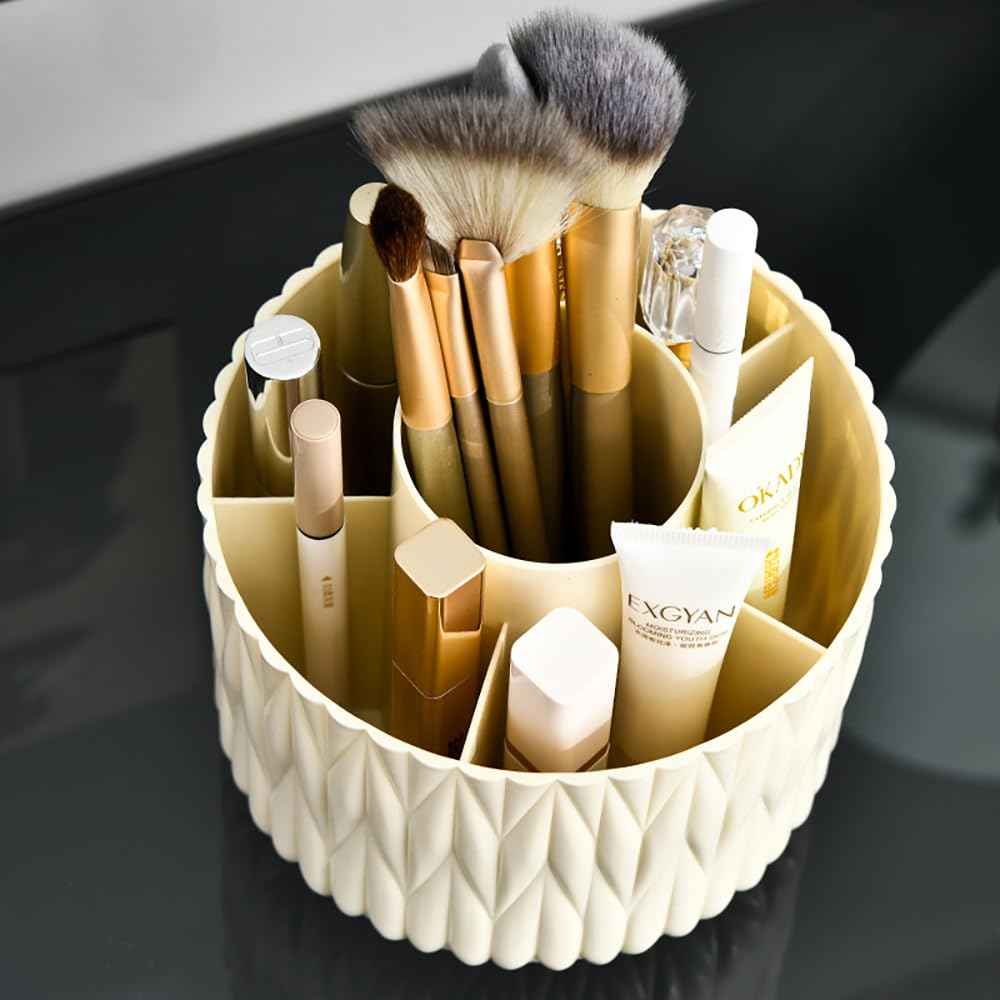 Yoohailor Rotating Makeup Brush Holder - White 5 Slot 360° Spinning Organizer for Vanity Desk, Cute Aesthetic Storage for Women, Multi-purpose Pen Pencil Caddy for Office Home Art Supplies