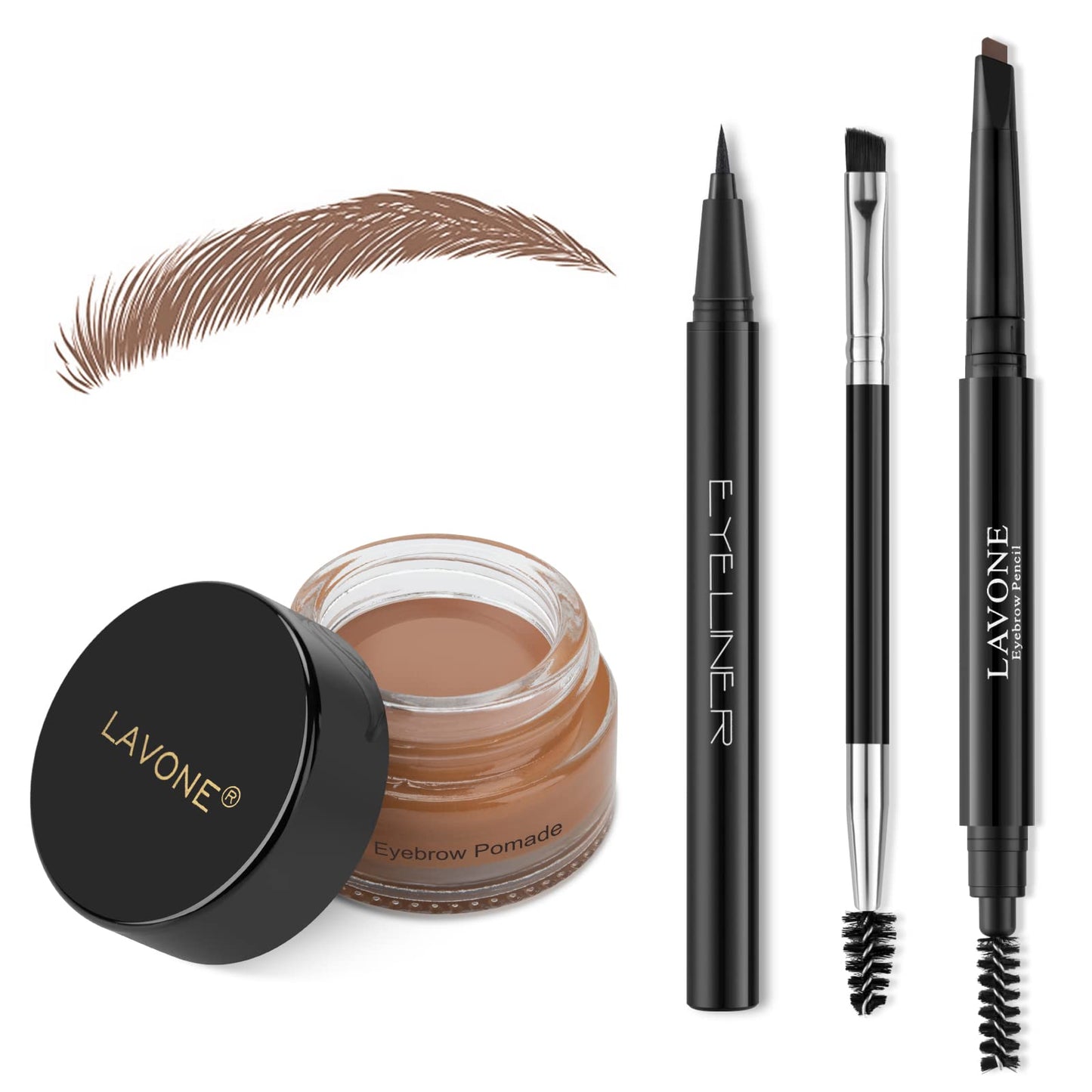 LAVONE Eyebrow Stamp Pencil Kit for Eyebrows, Makeup Brow Stamp Trio Kit with Waterproof Eyebrow Pencil, Eyeliner, Eyebrow Pomade, and Dual-ended Eyebrow Brush - Caramel