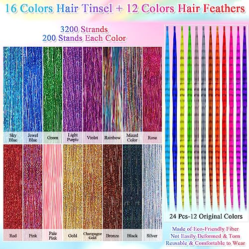 ROADPLUM Hair Tinsel Kit with 16 Colors & Hair Feathers for Party & Cosplay