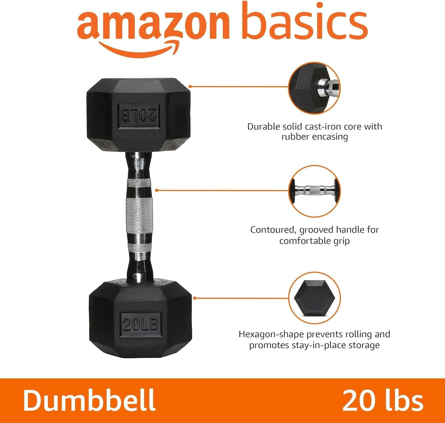 Amazon Basics Rubber Hex Dumbbell Hand Weight, 20 Pounds, Single, Black