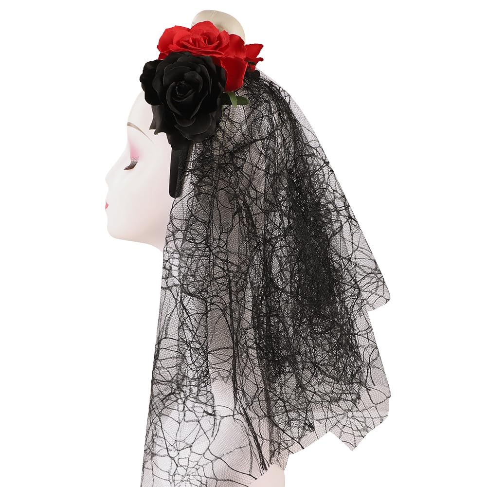 HKSICHENGKEJI Floral Crown Headband with Black Lace Veil Headpiece Hair Accessories Day of The Dead Halloween Costume Party Wedding Bridal