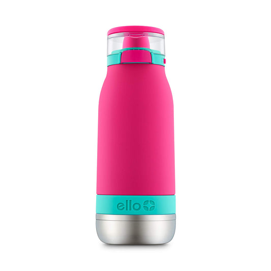 Ello Emma Vacuum Insulated Stainless Steel Water Bottle with Locking Leak Proof Lid and Soft Straw, BPA Free, Tropical Pink, 14oz