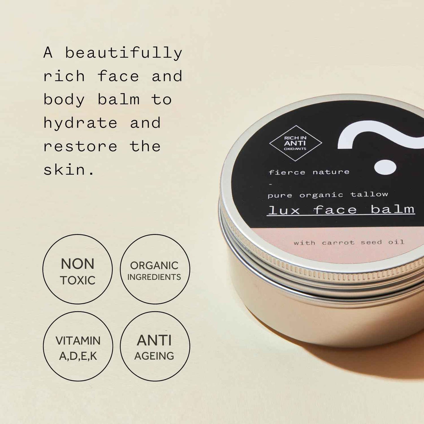 fierce nature Luxe Face Balm with Carrot Seed Oil, Pure Tallow Balm as Vitamin-Rich Natural Face Moisturizer, Men and Women’s Cleansing Balm for Face and Body, Unscented, 100g