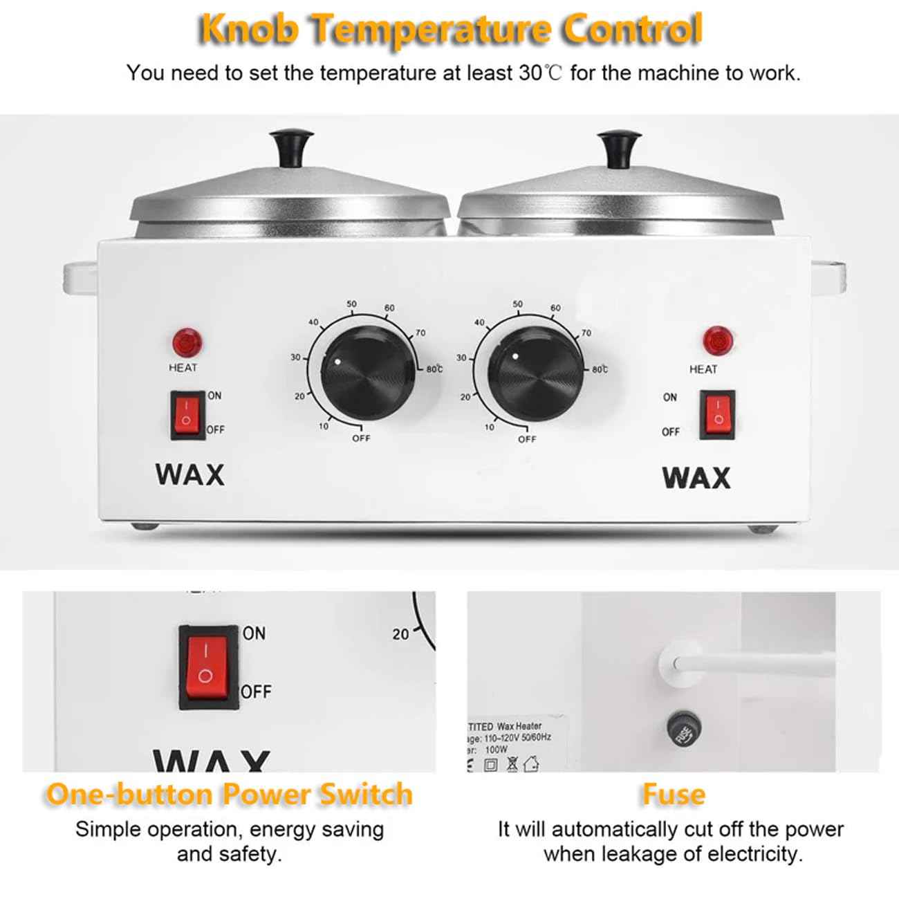 Wax Warmer Double Pot, Professional Electric Heater for Facial, Body, Spa, and Salon, 1.2L Dual Adjustable Temperature with 100 Wooden Craft Sticks, Hair Removal