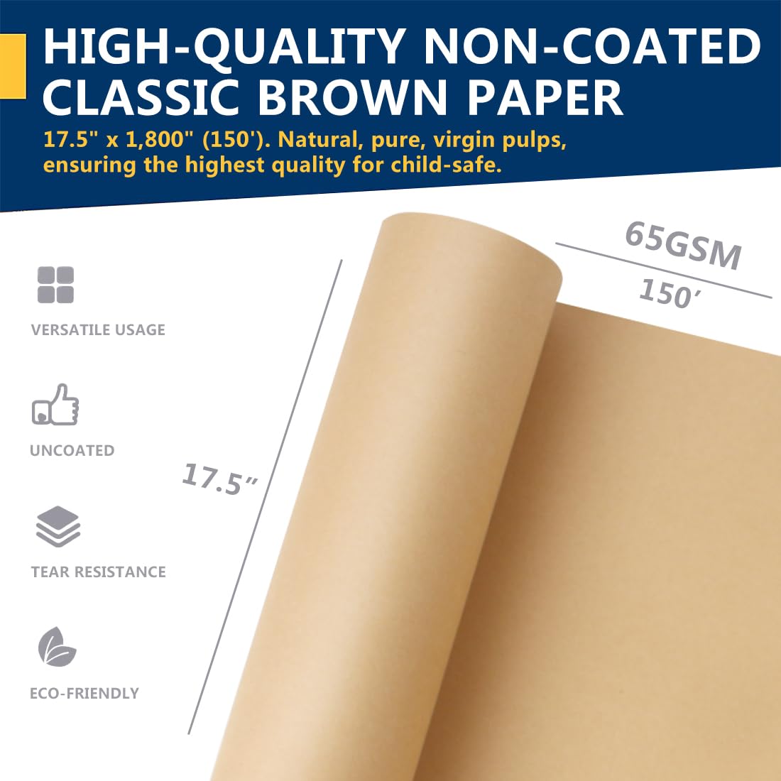 PerkHomy Brown Kraft Paper Roll 17.5" x 1,800" (150') for Gift Wrapping Bulletin Board Kids Craft Art Bouquet Flower Packing Moving Shipping Floor Covering Table 70GSM 50LB (Brown, 17.5" x 150')