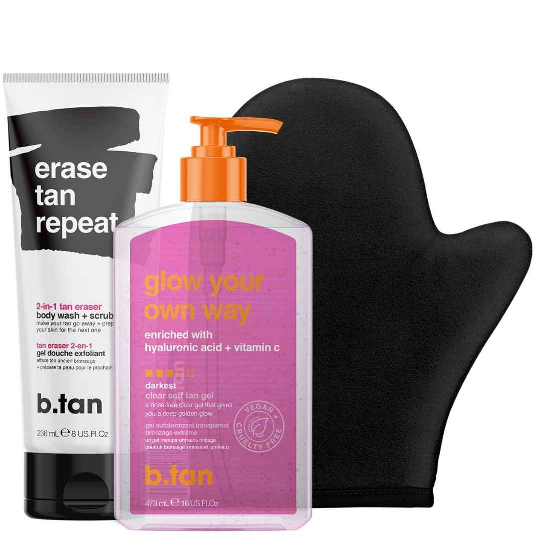 b.tan Clear Self Tanning Gel & Exfoliating Kit | Glow Your Own Way + Erase Tan Repeat Bundle - 1 Hour Express, Transfer-Resistant Dark Fake Tanner, 2-in-1 Exfoliator Scrub & Body Wash with Mitt