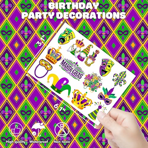 96 PCS Holiday Fat Tuesday Temporary Tattoos Birthday Theme Party Supplies Decorations Favors Decor Cute Mask Crown Tattoo Stickers for Class School Prizes Gift for Kids Boys Girls Carnival Holiday