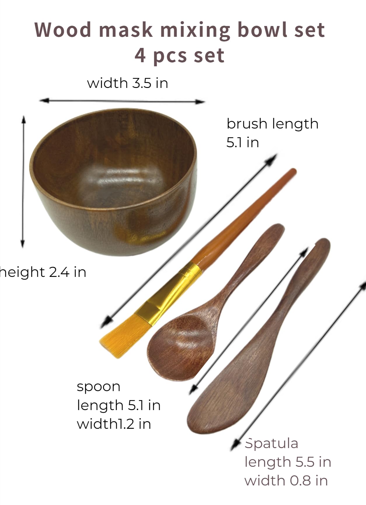 BEECO GIF2U Face Mask Mixing Bowl Set Brown Wood,4 Pack Diy Facial Tools For Skin Care,Facemask Mixing Tool Kit With Facial Mask Bowl,Spatula,Spoon,Brush Applicator,Facial Esthetician Supplies