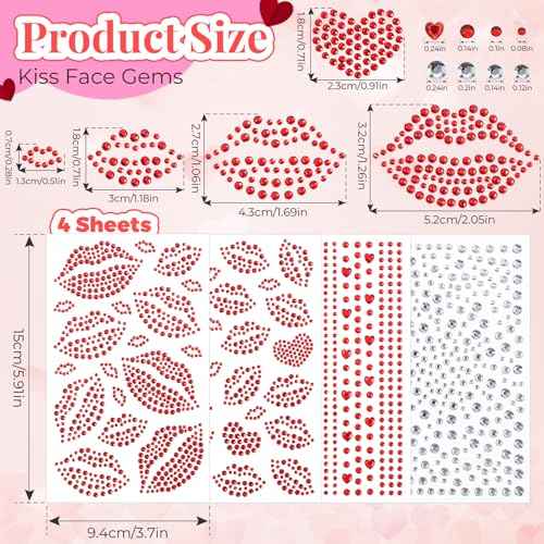 YGDZ Face Gems Self-Adhesive Face Jewels Stickers, Red Lip Hair Gems, Festival Kiss Jewels, Face Rhinestone Stickers for Makeup, Eye, Hair, Body, Rave Accessories, Stick on Gems for Kids, Women