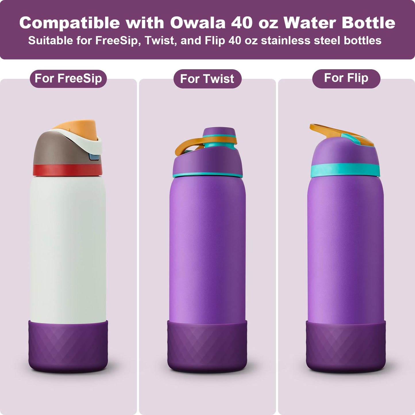 Alwenid 2PCS Silicone Water Bottle Boot for Owala 40 Oz, Anti-Slip Protective Sleeve Bottom Bumper Protector for FreeSip, Twist, and Flip Stainless Steel Water Bottles (Dark Purple)